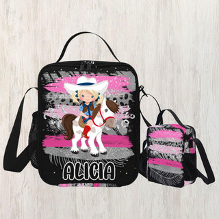 a backpack with a picture of a girl riding a horse