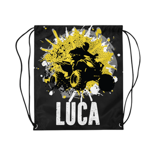 a black drawsack bag with a yellow atv on it