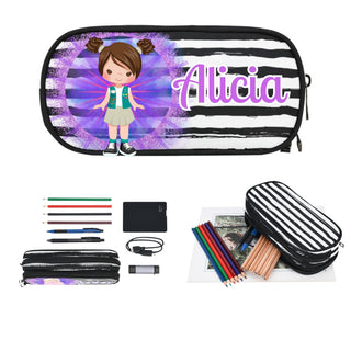 a pencil case with a picture of a girl on it