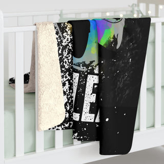 a white crib with a snowboard hanging from it's side