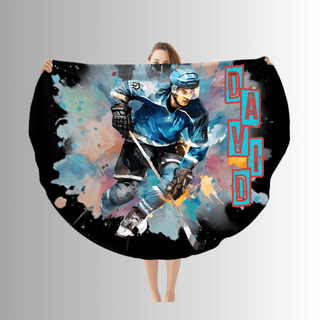 a woman holding a hockey scarf with a picture of a hockey player on it