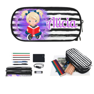 a pencil case with a picture of a girl reading a book