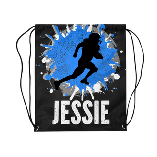 a black drawsack bag with a blue splash of paint and a silhouette of a