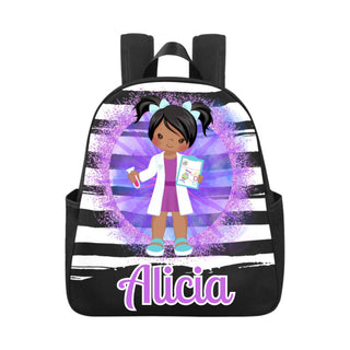 a black and white backpack with a girl in the center