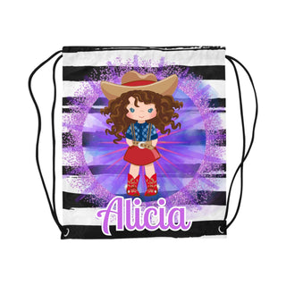 a drawsack bag with a girl wearing a cowboy hat