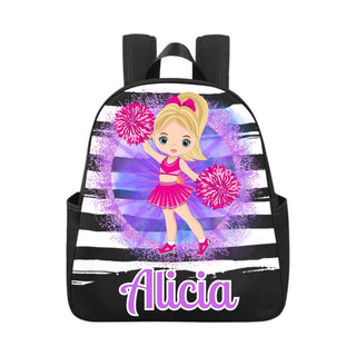 a little girl wearing a pink and black striped backpack