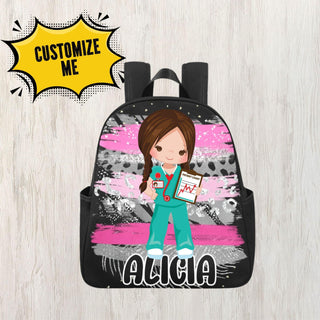 a personalized backpack with a girl holding a clipboard