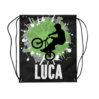 a drawsack bag with a picture of a man riding a bike