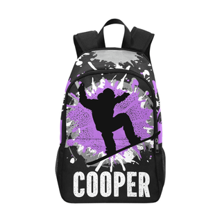 a purple and black backpack with a skateboarder on it