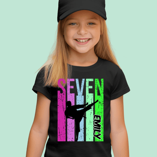 a young girl wearing a black t - shirt with a colorful design