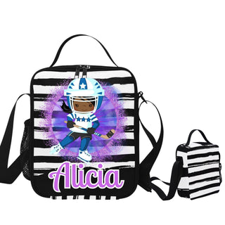 a black and white striped bag with a picture of a football player on it