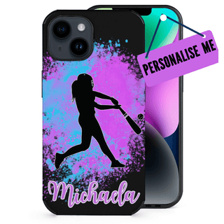 a phone case with a girl holding a baseball bat