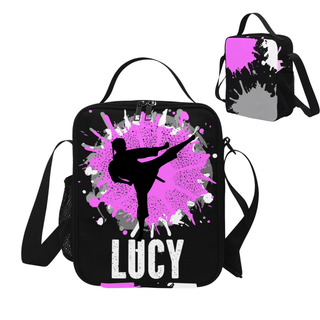 a black and pink lunch bag with a picture of a woman doing a kick