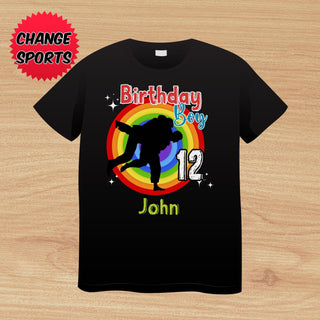 a black birthday shirt with a silhouette of a skateboarder