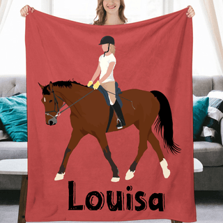 a woman is holding a personalized horse blanket