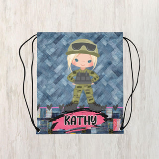 a drawstring bag with a picture of a girl in military gear