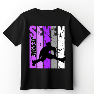 a black t - shirt with a purple and white design of a skateboarder