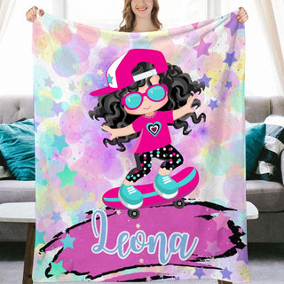 a girl is holding up a personalized blanket