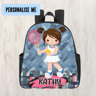 a backpack with a girl holding a tennis racket