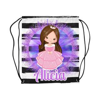 a drawsack bag with a picture of a girl in a pink dress