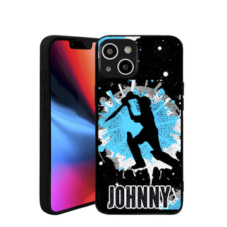 a phone case with a picture of a man holding a baseball bat