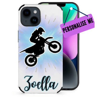 a phone case with a picture of a person on a motorcycle