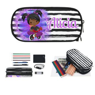 a pencil case with a picture of a girl on it