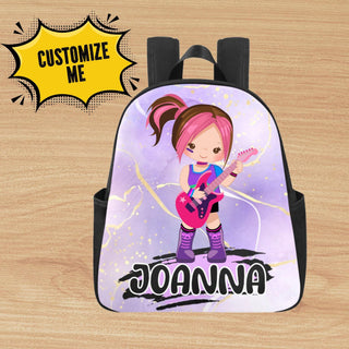 a backpack with a picture of a girl playing a guitar