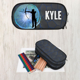 a pencil case with a picture of a person holding a bow