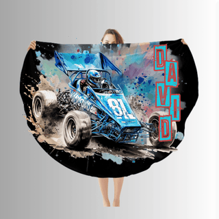 a woman holding up a blue race car scarf