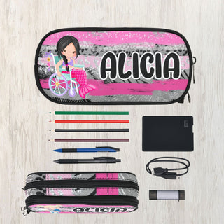 a pencil case with a picture of a girl on it