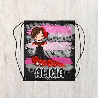 a drawsack bag with a picture of a woman in a red dress