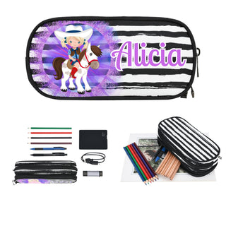 a pencil case with a picture of a cowgirl on it