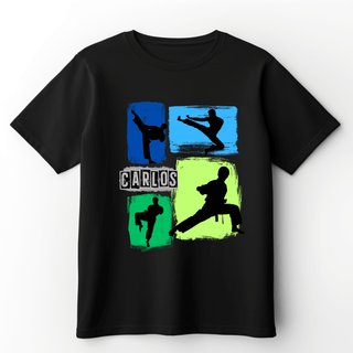 a black t - shirt with a picture of a man doing a trick