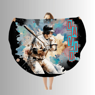 a baseball player holding a bat in front of a painting