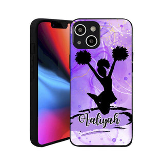 a phone case with a girl holding a pom pom