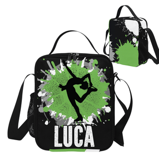 a black and green lunch bag with a picture of a dancer