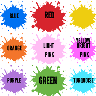 a bunch of different colors of paint with the words red, yellow, pink,