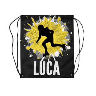 a black drawsack bag with a yellow and white graphic of a skateboarder