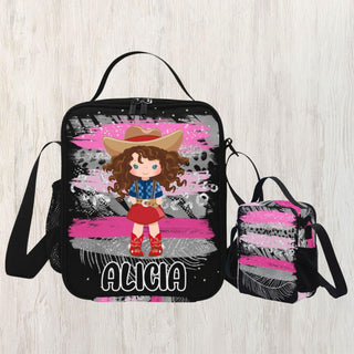 a girl with a cowboy hat and boots on a pink and black backpack