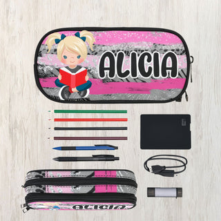 a pencil case with pencils, pens, and other items