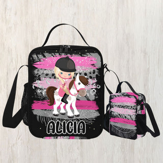 a little girl riding a horse on a pink and black backpack