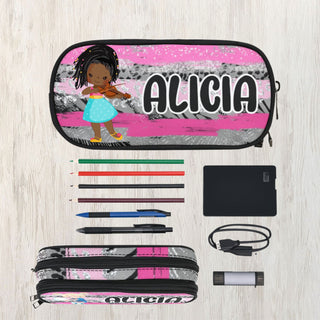 a pencil case with a picture of a girl on it