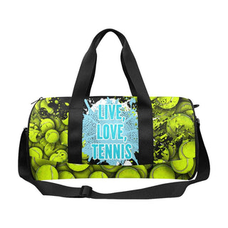 a duffle bag with tennis balls all over it