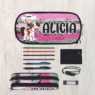 a pencil case with a horse and name on it