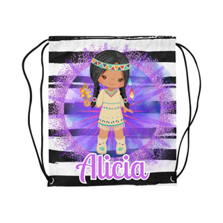 a drawsack bag with a native girl on it