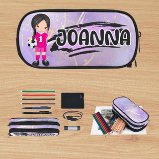 a pencil case with a picture of a girl holding a soccer ball