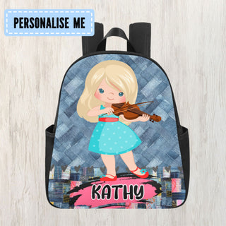 a backpack with a girl playing a violin