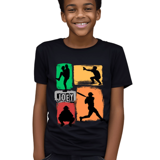 a young boy wearing a black t - shirt with a picture of a baseball player