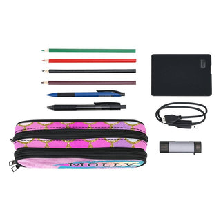 a pencil case, a pen case, and several other items